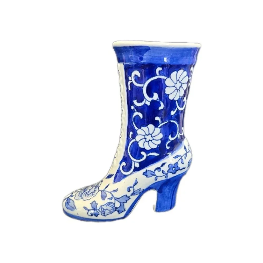 Vintage Victorian Chinese Porcelain Blue & White Floral Shoe Boot Vase 7